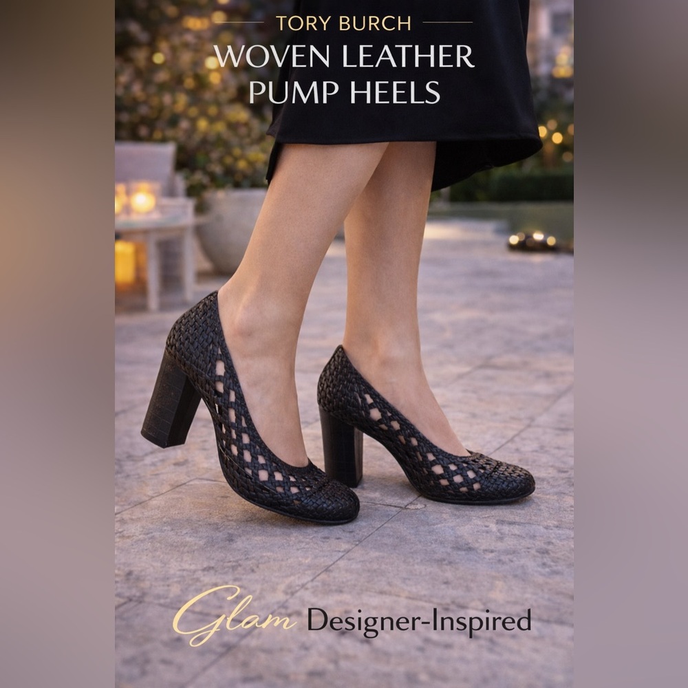 Tory Burch Black Woven Leather Pump Heel - Picture 2 of 6